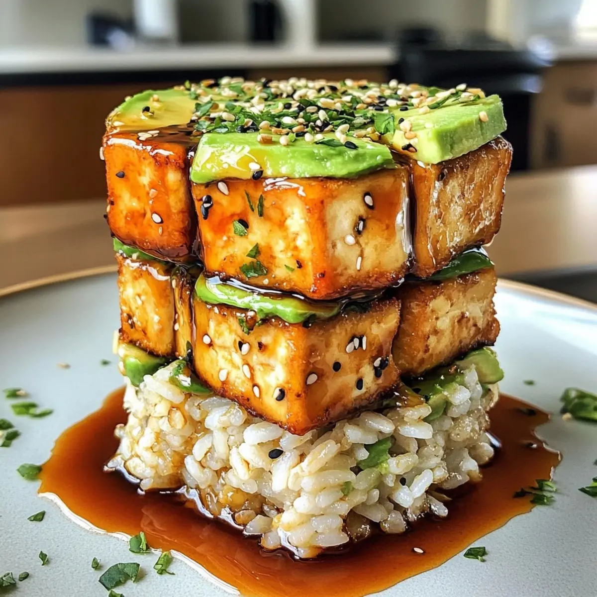 Crispy Teriyaki Tofu and Avocado Rice Stack