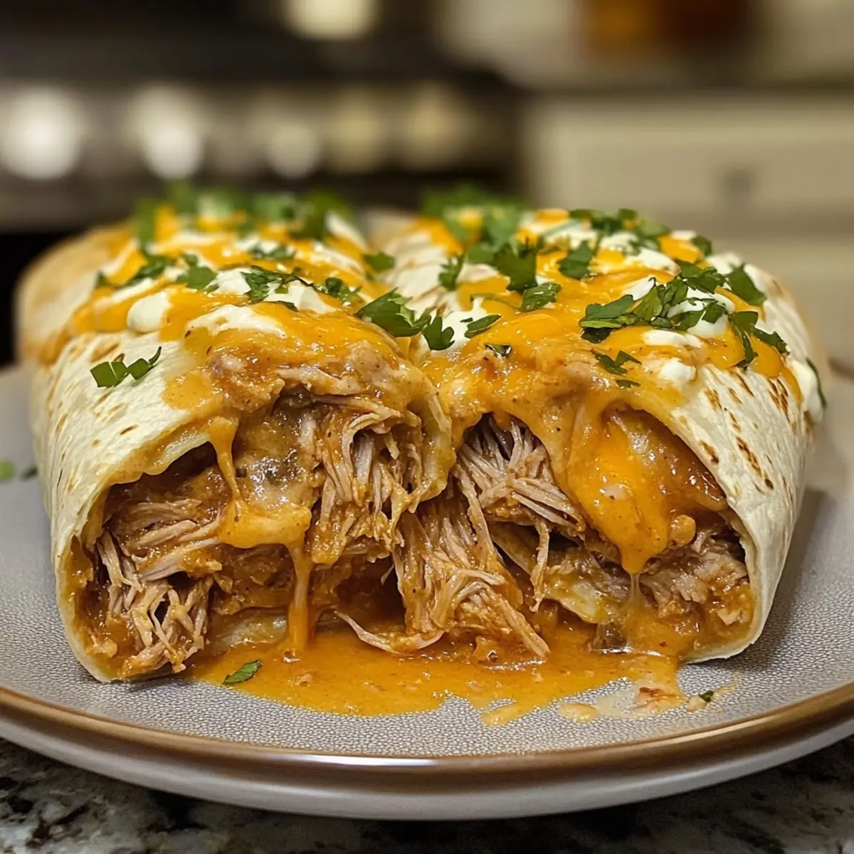 Pulled Pork Burritos with Cheesy Sour Cream Sauce