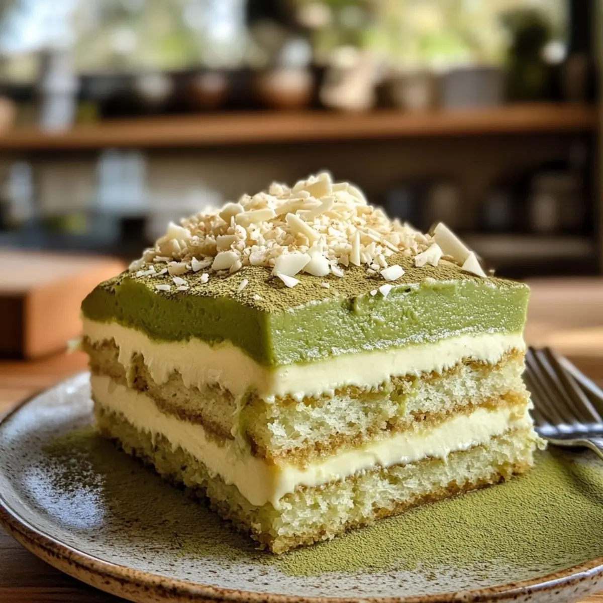 Matcha Tiramisu with White Chocolate Shavings