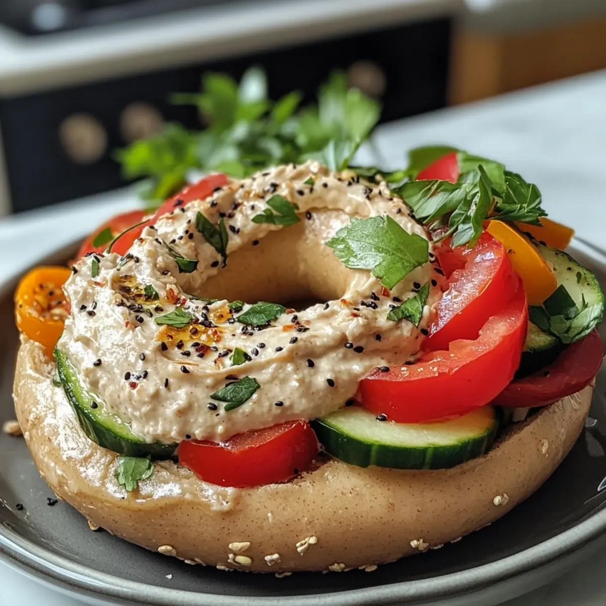 Irresistible Creamy Bagel with Baba Ganoush & Fresh Vegetables